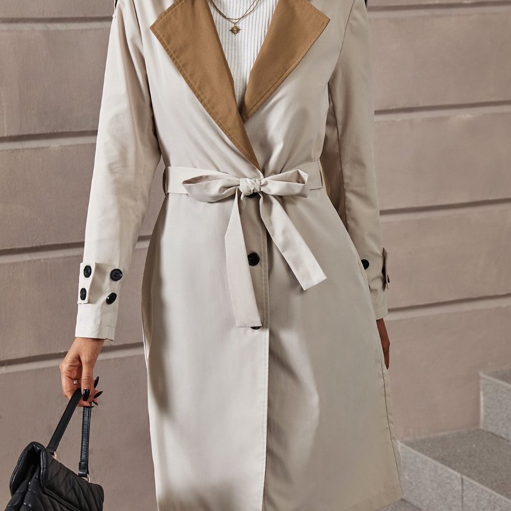 Brand New Colorblock Lapel Collar Single Breasted Belted Trench Coat - Picture 4 of 5